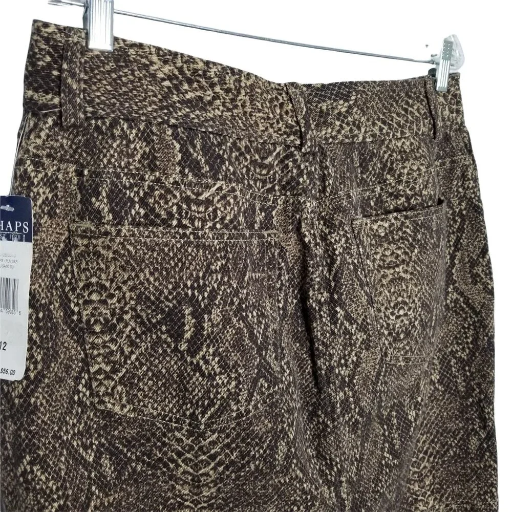 Chaps NWT Size 12 Skirt Knee Snake Reptile Print Stretch Denim Pockets Brown - Picture 7 of 7